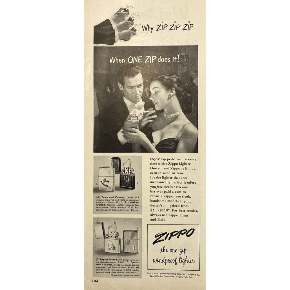 Zippo Lighter "One Zip and Zippo is lit-even in wind or rain" Vtg Print Ad 1951